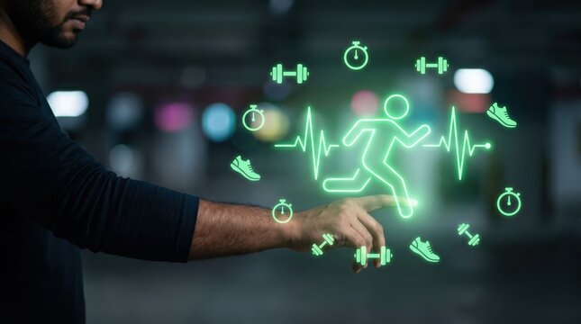 Fitness Tracking Concept: Neon-Green Holographic Runner and Heart Rate Wave Over Indian Man's Hand