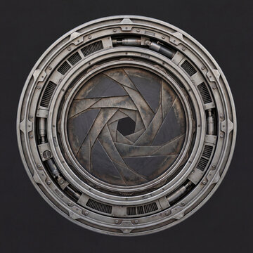 Sci-Fi Industrial Iris Aperture Hatch with Hydraulic Pistons

Description: Futuristic circular bulkhead gate or spaceship airlock door featuring an interlocking mechanical iris shutter. Designed with 