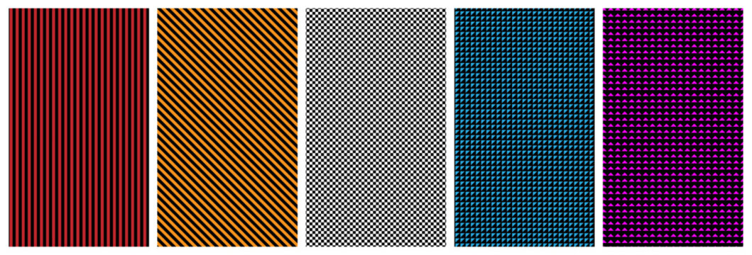 Set of five seamless geometric patterns with stripes, diagonal lines, checkers, and triangles. Vector illustration