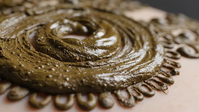 Close-up of henna paste being applied in a circular pattern on skin during a traditional ceremony