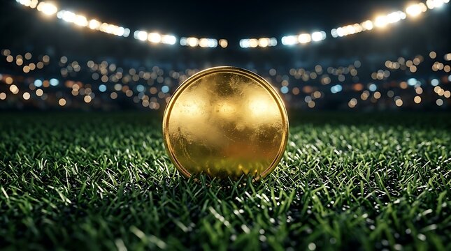 Golden medal on green grass in a lit sports stadium at night