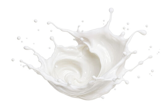 A dynamic splash of pure white milk frozen in motion with droplets