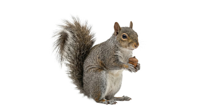 A fluffy grey squirrel holds an acorn in its paws against a white background