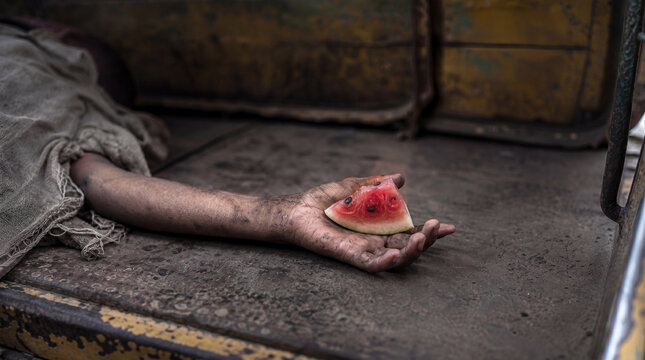 Concept of famine and food crisis showing a dirty hand holding a small slice of watermelon, poverty and hunger representation with a person lying helpless on the ground