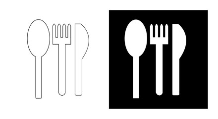 Simple white cutlery outlined against a plain background. Spoon, fork, and knife stand upright side by side. Clean design ideal for menus or kitchen themes © Ghoni