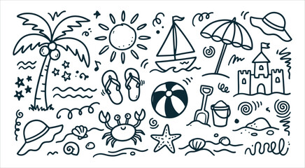 Summer holiday doodle collection with palm tree sandcastle sun crab and beach umbrella line art © Arshad
