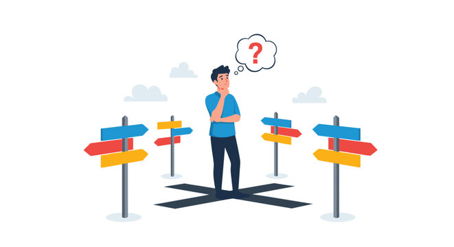 Confused young man standing at a crossroads with multiple direction signs while trying to make an important decision about his future path.