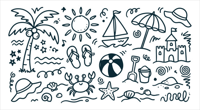 Summer holiday doodle collection with palm tree sandcastle sun crab and beach umbrella line art