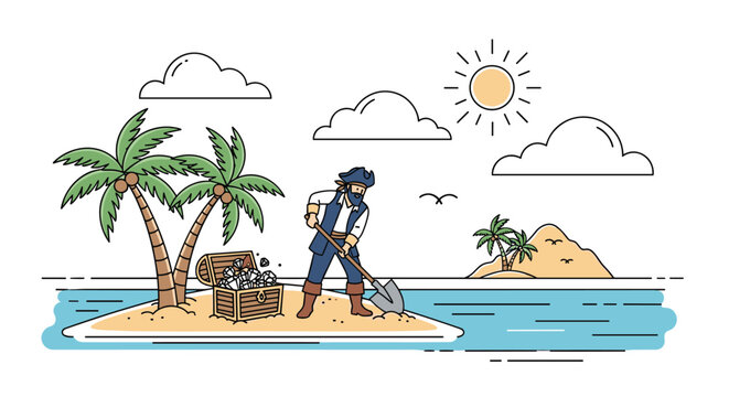 Brave pirate uses a shovel to dig for treasure on a sunny tropical island near a chest overflowing with gold coins.