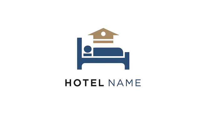 Minimalist hotel logo showcasing a comfortable bed and home roof icon, symbolizing quality hospitality, restful accommodation, and travel lodging services