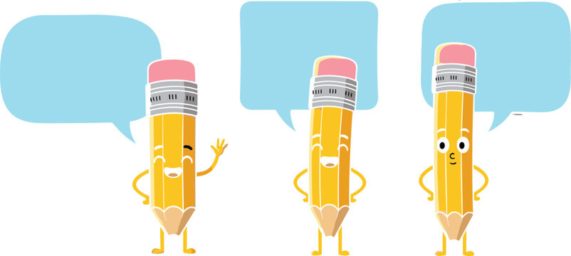Cute cartoon pencil character set with happy facial expressions and blank blue speech bubbles for school education (17 words)