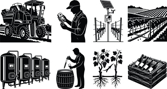 Smart agriculture and winemaking icons set featuring automated grape harvester agronomy testing solar weather station fermentation tanks and cellar barrel sampling isolated on white background