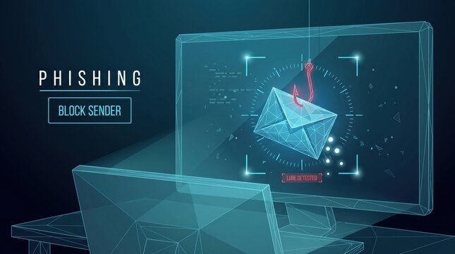 Wireframe envelope caught on hook monitor screen cyber security threat detection