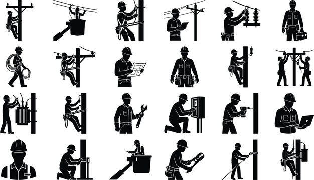 Electrical Utility Worker Silhouette Collection Featuring Power Line Maintenance and Field Service Activities