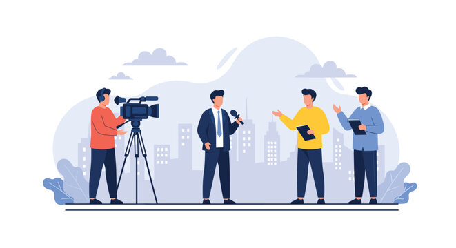 Television news crew including camera operator and reporters conducting a live interview with a city backdrop.