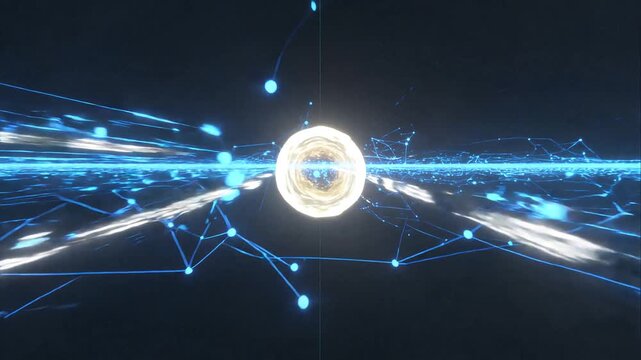 Futuristic 4K animation showing a glowing neural network of complex digital connections and data nodes pulsing through a sophisticated artificial intelligence brain structure in blue cyberspace.