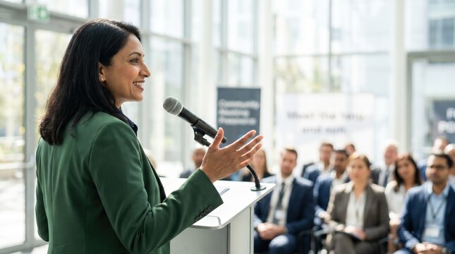Corporate Leadership Concept: Elegant Indian Woman Delivering Keynote Speech in Sunlit Modern Atrium