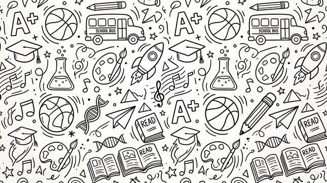 Black and white seamless pattern with various school themed doodle sketches and icons education seamless academic learning supplies stationery chemistry basketball