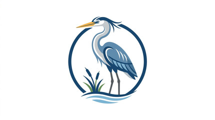 Naklejka premium A stylized blue heron stands in calm water with reeds, depicted within a circular emblem against a clean white background, conveying a serene natural theme