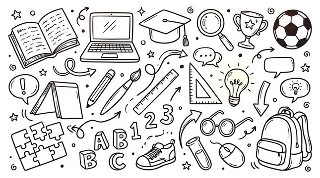Set of hand drawn school supplies and education doodles with education supplies learning academic stationery classroom notebook backpack knowledge creative collection