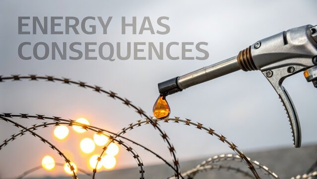 Energy and Consequences with Fuel Pump and Barbed Wire Background