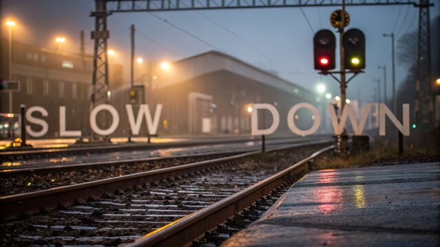 Foggy Train Station with Signs Urging Caution and Slow Down