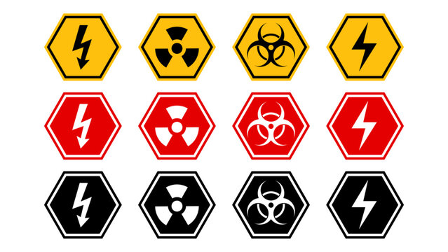 Hexagon Hazard Warning Sign Collection with Biohazard Radiation and Electrical Safety Symbol Set