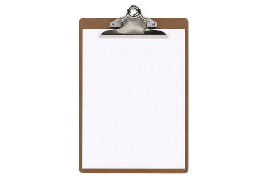 A simple brown wooden clipboard with a blank white paper sheet attached