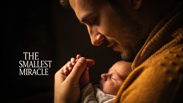 Heartwarming Moment of Father Holding Newborn Baby in Dim Light
