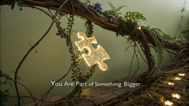 Illuminated Puzzle Piece Surrounded by Nature and Greenery
