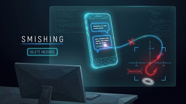 Smishing attack on smartphone with malicious link cybersecurity threat prevention
