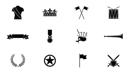 Fototapeta premium Military and ceremonial symbol icon set featuring crown medal flag and weapons silhouettes.