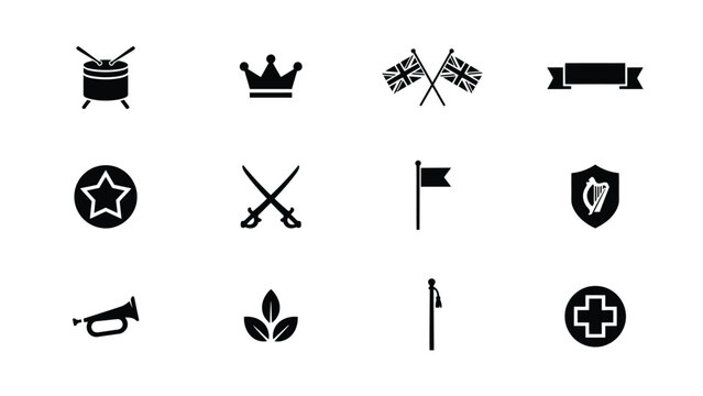 Traditional royal and musical icon set featuring crown flag drum and heraldic instruments.