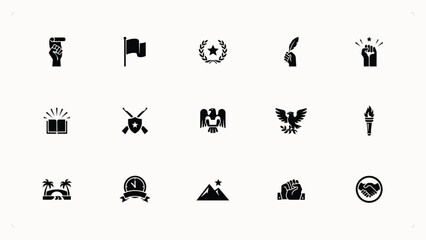 Fototapeta premium Minimalist protest and freedom vector icons with raised fist flag and handshake symbols.