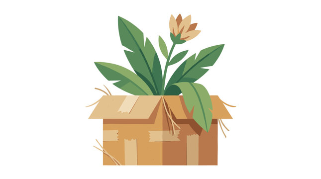 Plant growing out of a cardboard box with tape and string, symbolizing new beginnings and growth Vector