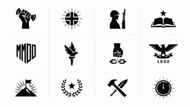 Totalitarian and political movement graphic icons with fist hammer and eagle symbols set.