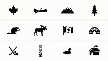 Canadian symbols set maple leaf canoe beaver moose flag igloo hockey totem loon house. © Soma