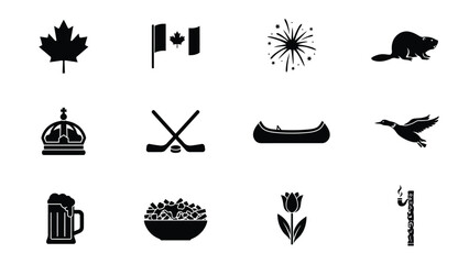 Bold black silhouette icons of canada featuring goose crown beer and poutine bowl design. © Soma