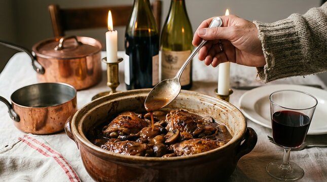 A close-up shot of a person serving Coq au Vin from a traditional earthenware casserole dish. The table is set with copper pots, wine bottles, and lit candles.