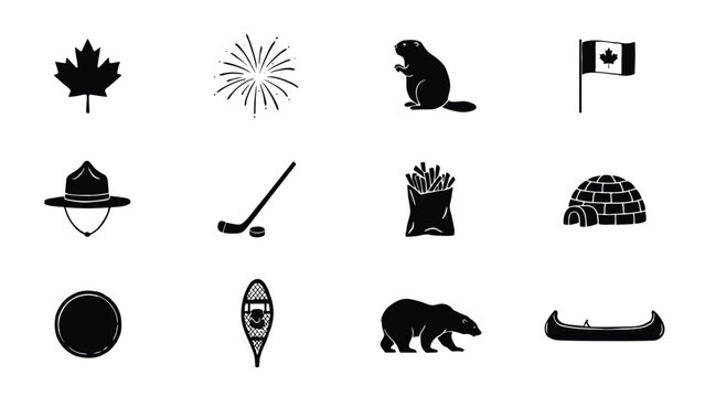 Canada icons maple leaf ranger hat hockey french fries igloo beaver bear canoe.