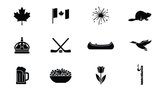 Bold black silhouette icons of canada featuring goose crown beer and poutine bowl design.