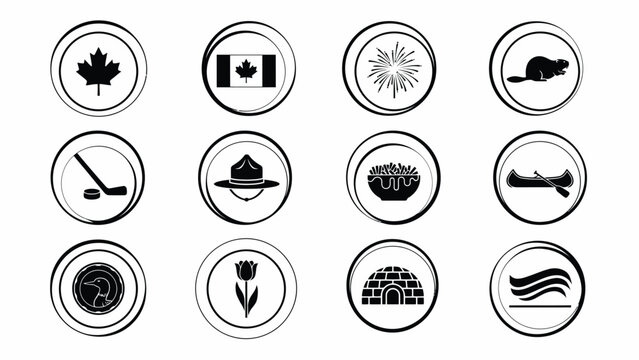 Circular canada badges with hand drawn artistic style featuring flower loon and waves icon.