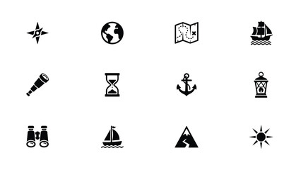 Maritime travel icons collection with nautical themes like anchors compasses and sailboats. © Soma