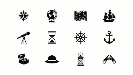 Classic exploration icons set featuring safari hats maps binoculars and nautical equipment. © Soma