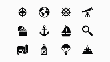Set of icons related to nautical exploration and travel theme for maritime adventure use. © Soma