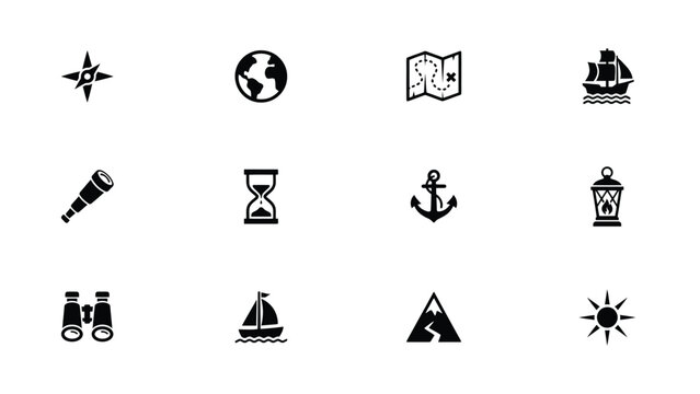 Maritime travel icons collection with nautical themes like anchors compasses and sailboats.