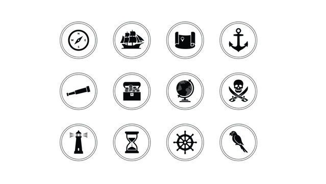 Circular pirate icons compass ship map anchor spyglass treasure chest globe.