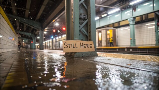 Message on Wet Subway Platform Signifying Resilience and Presence