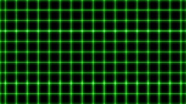 Panning shot of neon green grid pattern sliding across black virtual interface screen revealing glowing matrix of squares with horizontal tracking movement