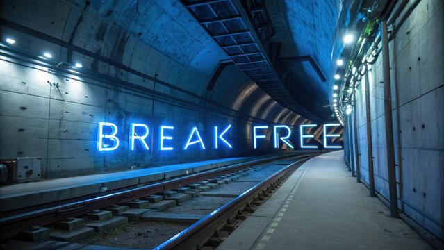 Neon Sign in Urban Tunnel with Break Free Message at Night